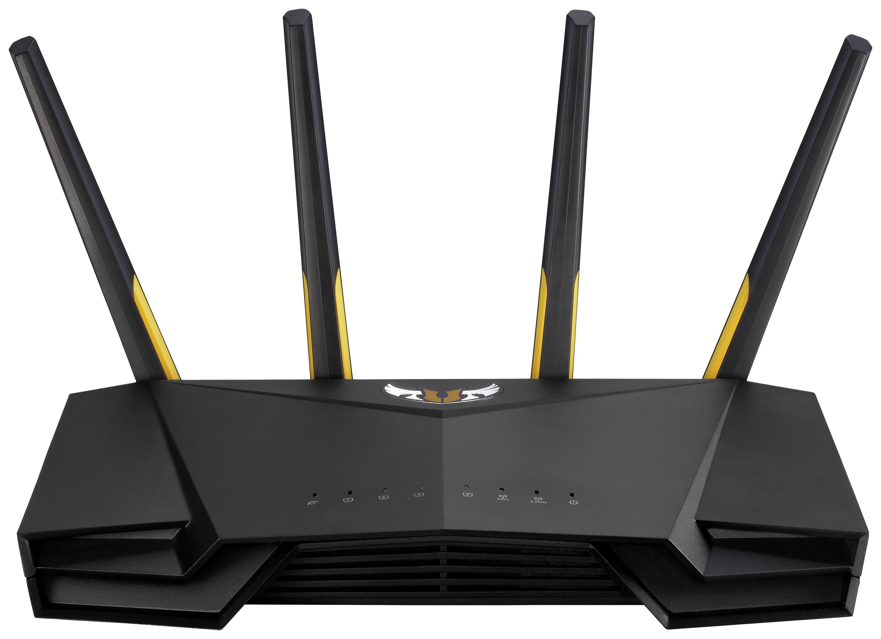 A black Wi-Fi router with four upright aerials. Front shows multiple LED indicators for various functions.