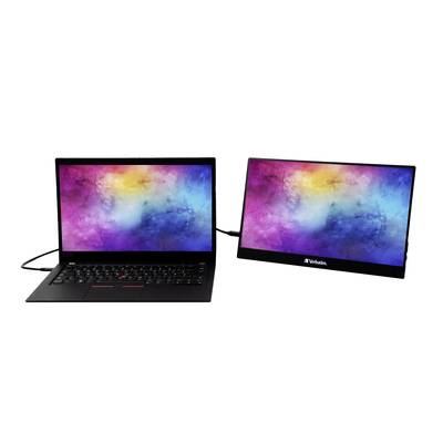Two laptops with colourful gradients on their screens are connected by a cable. The screen on the right bears the 'Verbatim' logo.