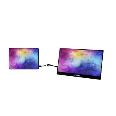 Two portable monitors with bright, colourful screens are seen side by side. Both are connected by a cable.