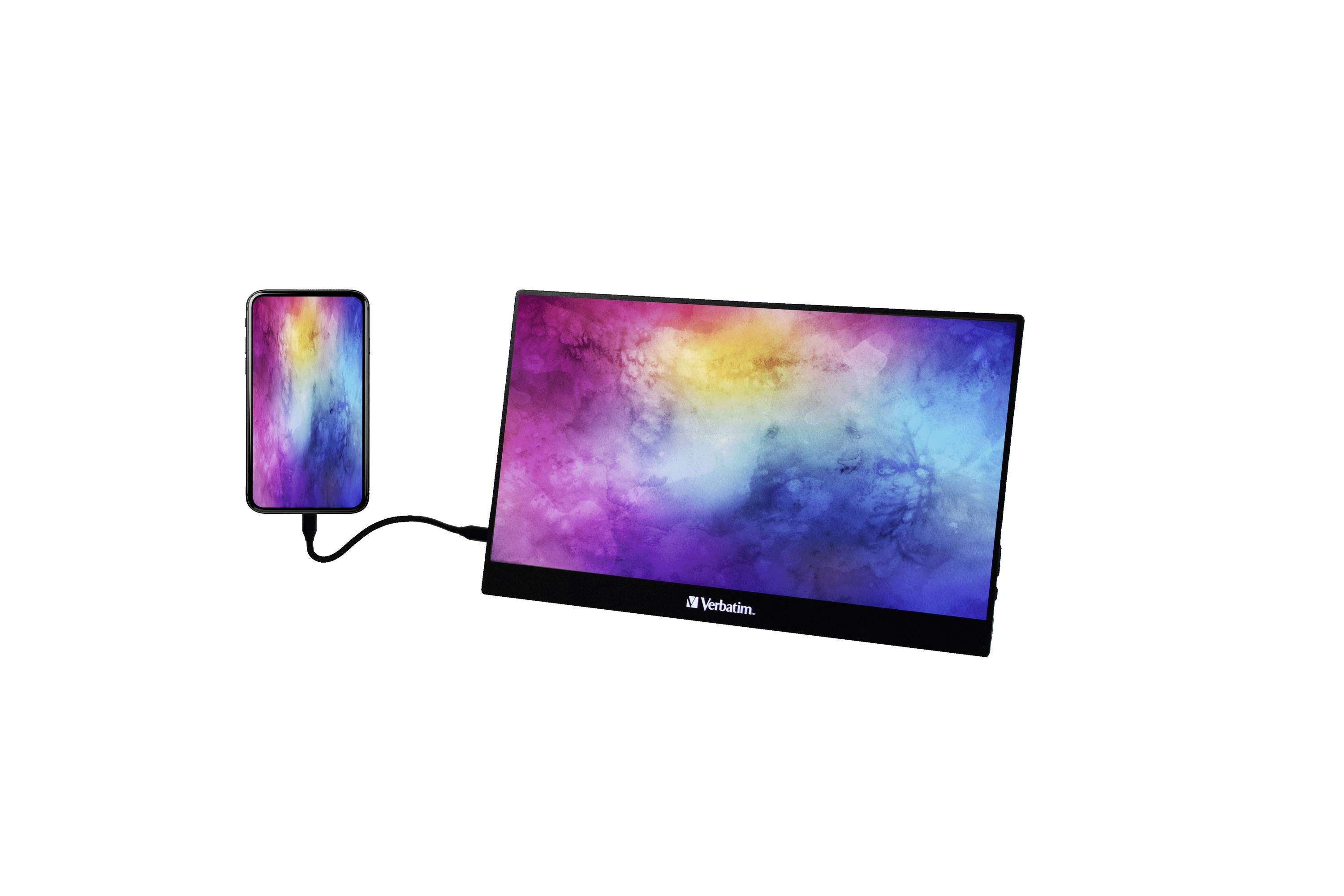 Smartphone and portable monitor, connected by cable, display colourful, abstract background images.