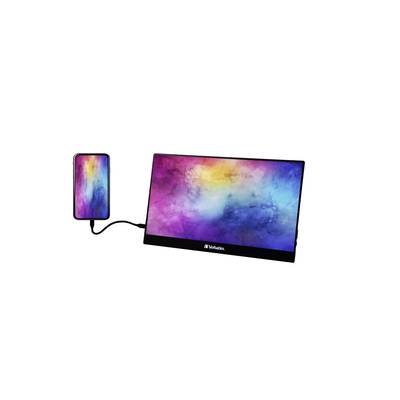 Smartphone and portable monitor, connected by cable, display colourful, abstract background images.