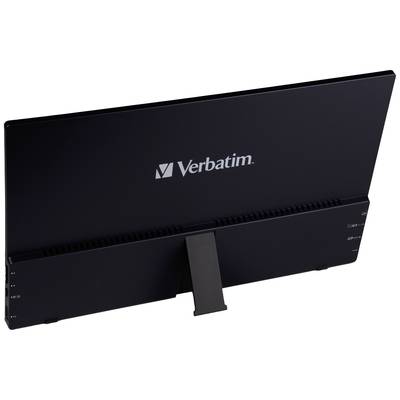 External verbatim hard drive in a slim, black design with stand. Ideal for storage expansion and data backup.