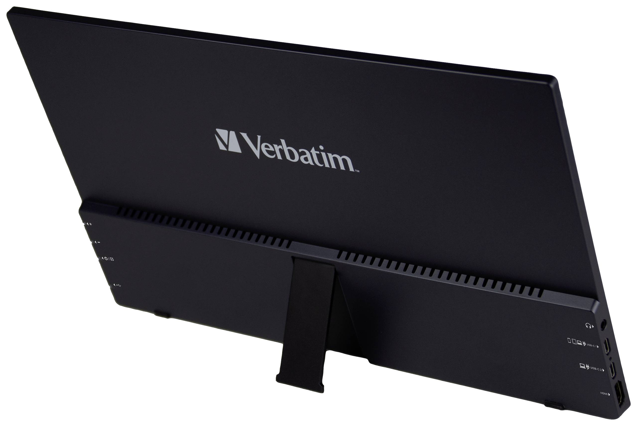 Rear view of a black Verbatim hard drive enclosure with stand, brand logo visible.