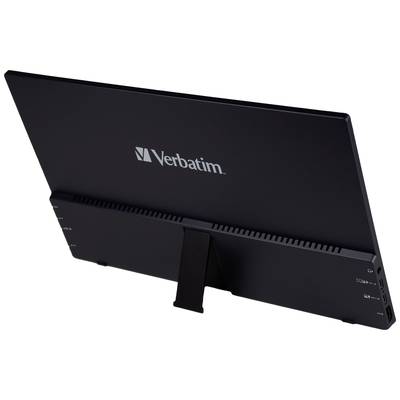 Rear view of a black Verbatim hard drive enclosure with stand, brand logo visible.