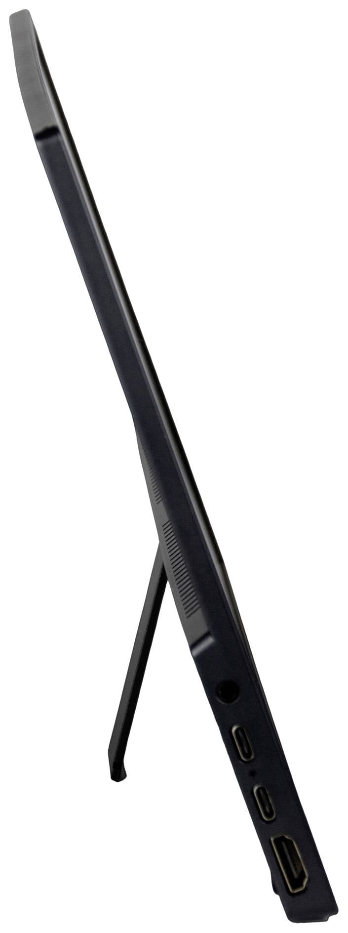 A tablet is shown from the side, standing on an extendable stand. HDMI and USB ports are visible.