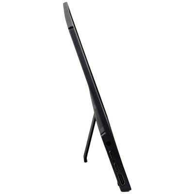 A tablet is shown from the side, standing on an extendable stand. HDMI and USB ports are visible.