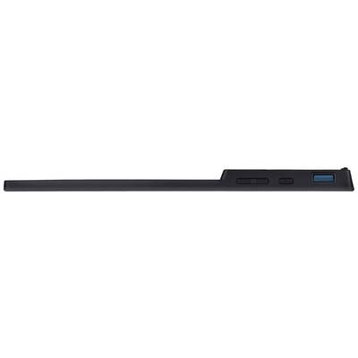 A black, rectangular object, possibly a remote control, with a blue accent and two buttons on the side.