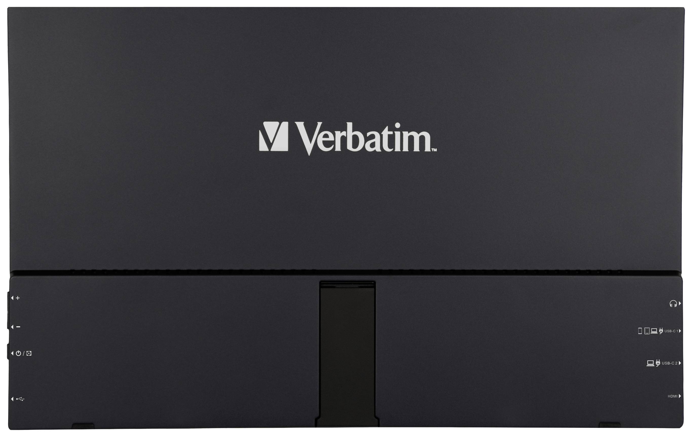 Black external hard drive by Verbatim, front view.