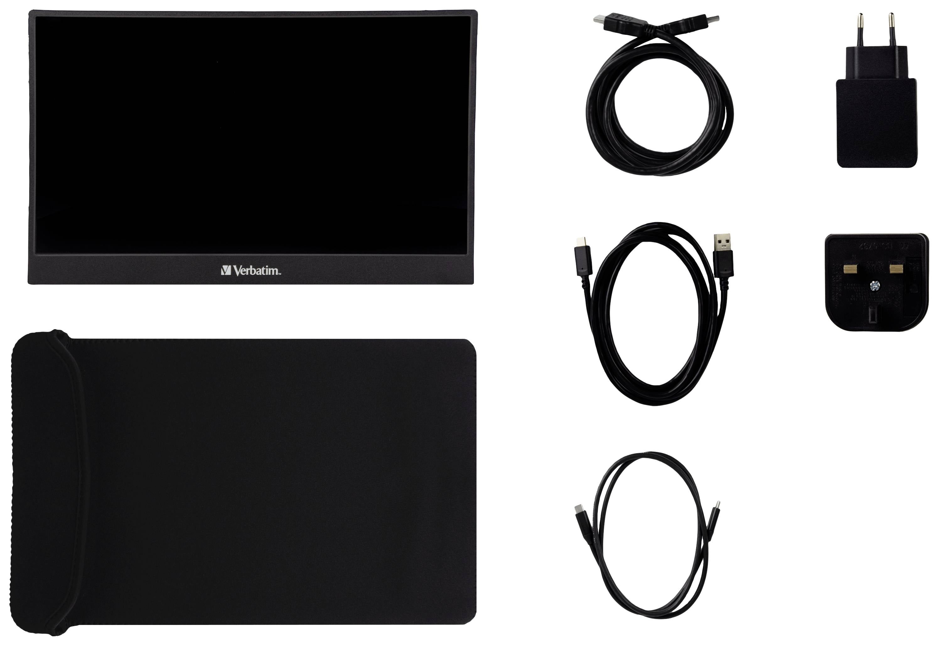 A portable monitor with a black casing, cables, power supplies, and a protective sleeve, arranged to provide an overview of the accessories.