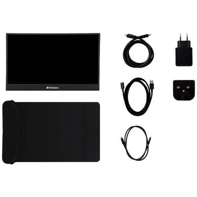 A portable monitor with a black casing, cables, power supplies, and a protective sleeve, arranged to provide an overview of the accessories.