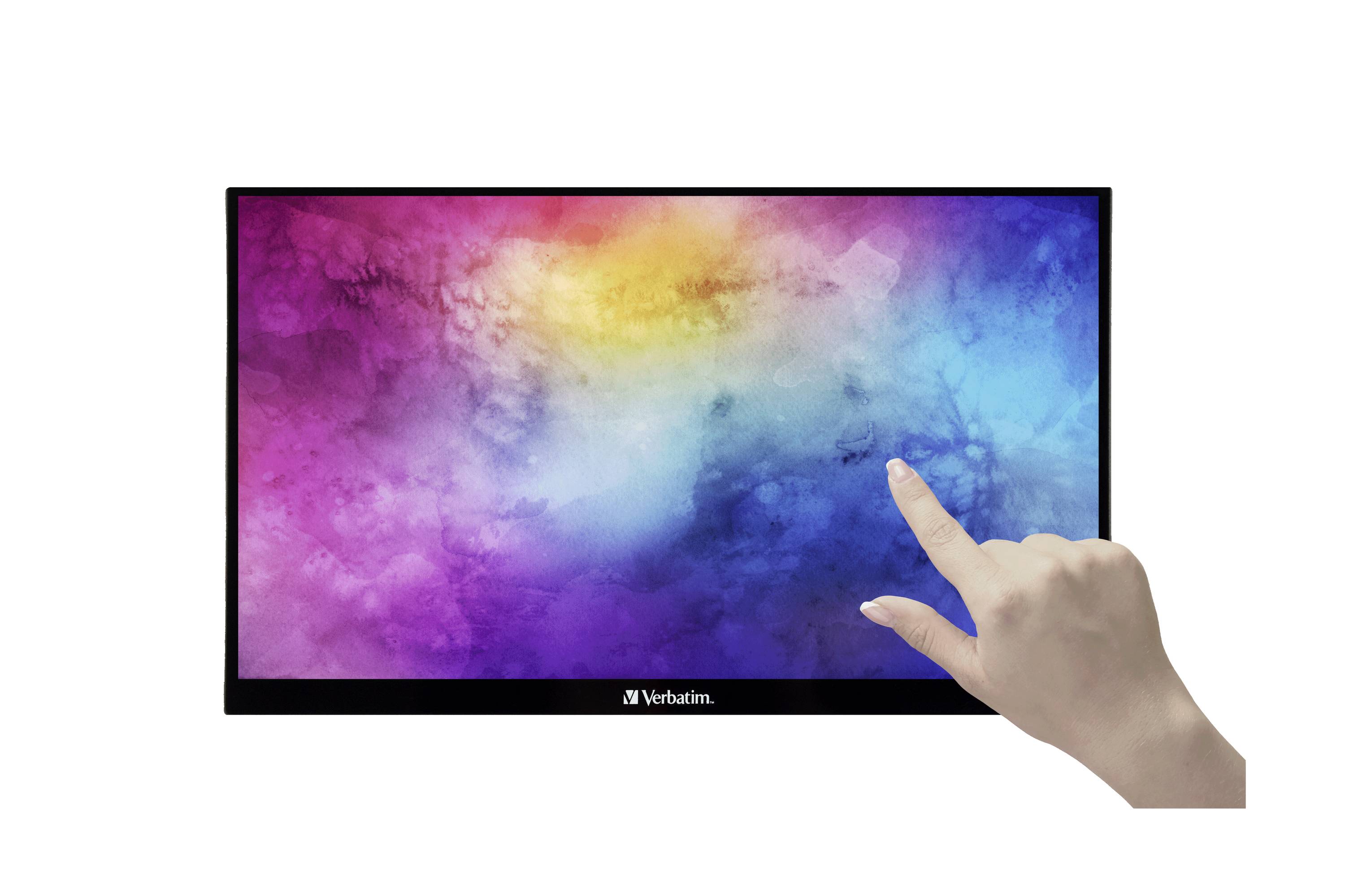 A colourful screen displays pink, yellow, and blue cloud patterns. A hand is pointing at the screen.