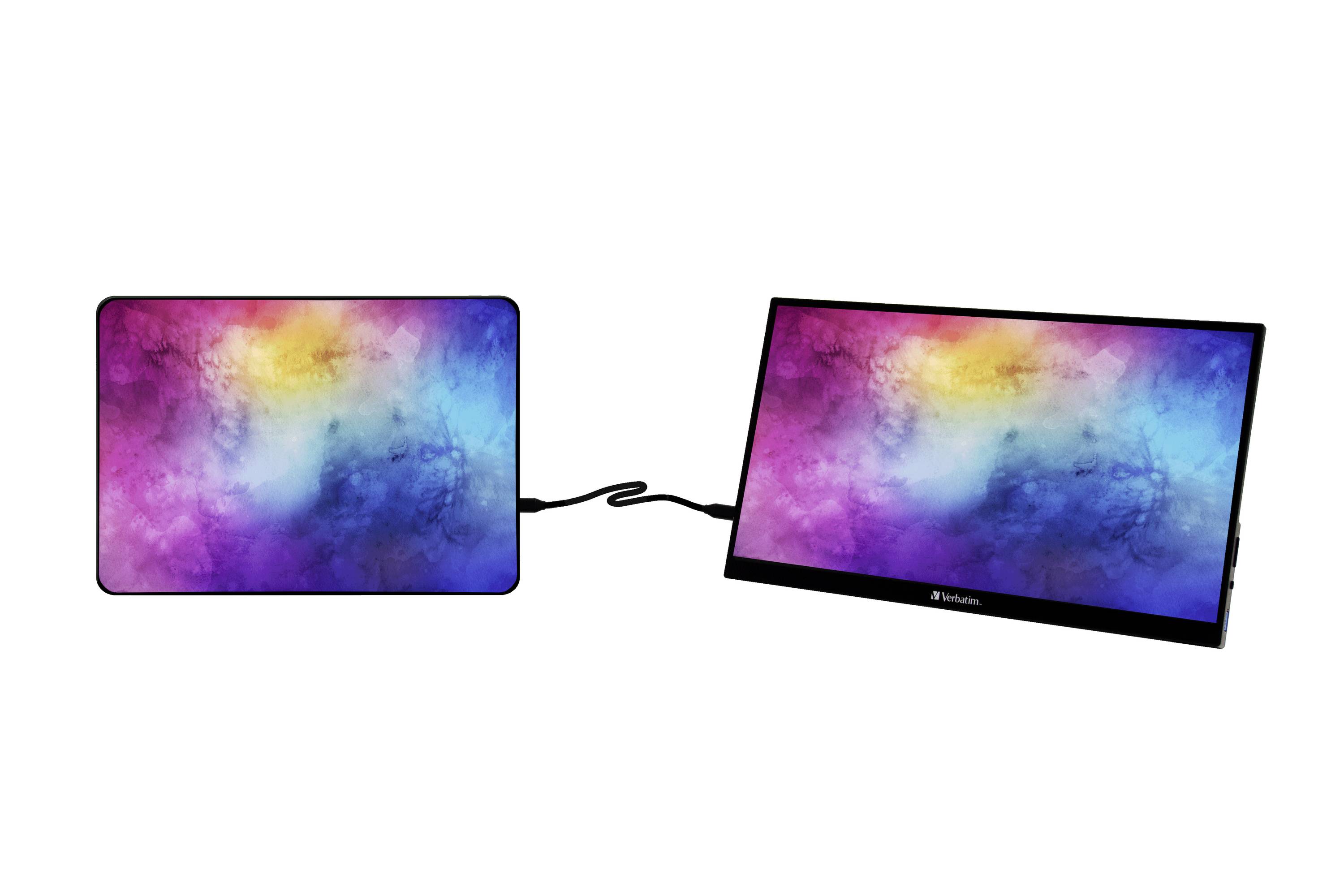 Two portable monitors with a colourful abstract background, connected by a cable. They display identical luminous colours.