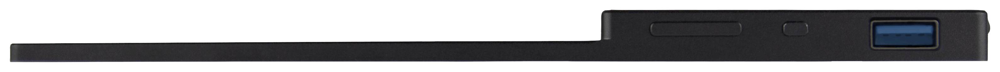 Black L-shaped object with a blue element on the top surface; possibly part of a technical device.