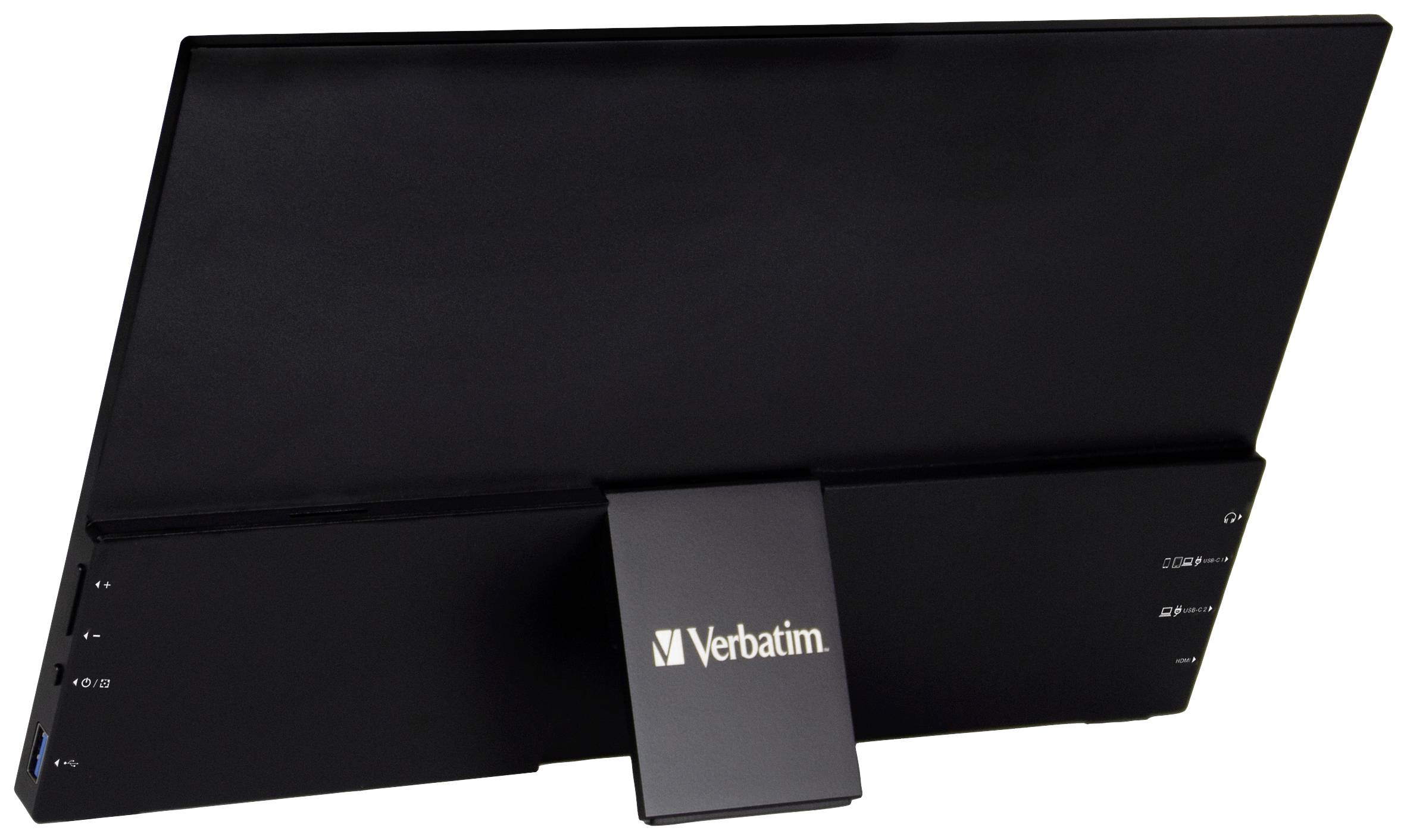 External hard drive, black, 'Verbatim' brand, standing upright with a stand. Decentralised connection area visible on the side.