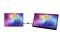 Two monitors with a colourful cloud motif are connected by a cable. The right one is slightly tilted, while the left stands upright.