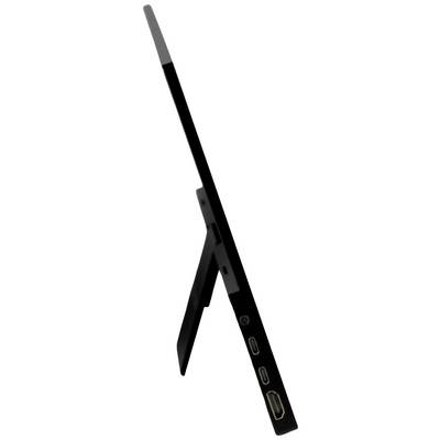 Tablet viewed from the side, featuring a fold-out stand and multiple ports on the side.