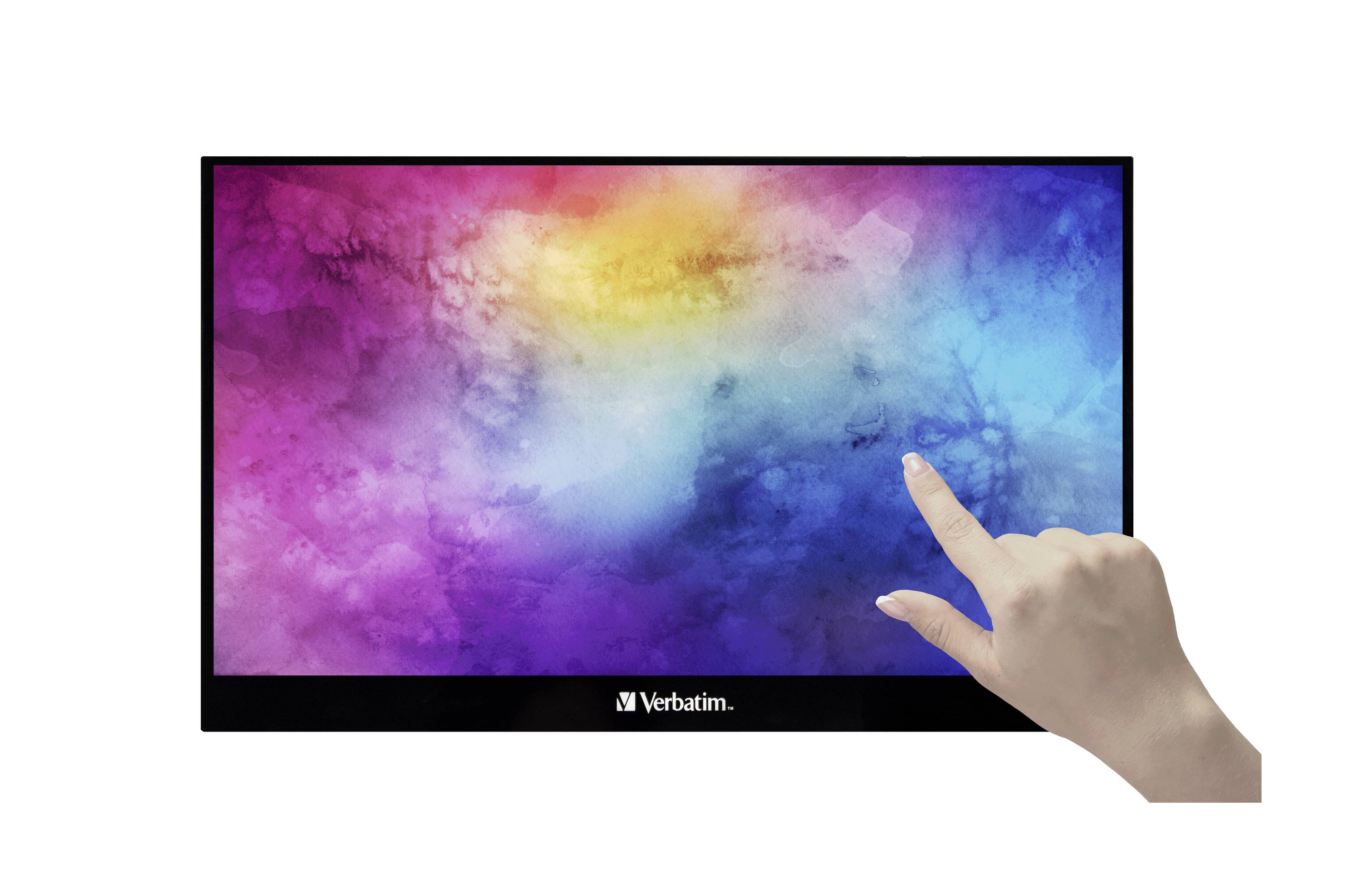 A hand points to a screen with a colourful, cloud-like background. The screen displays the text 'Verbatim'.