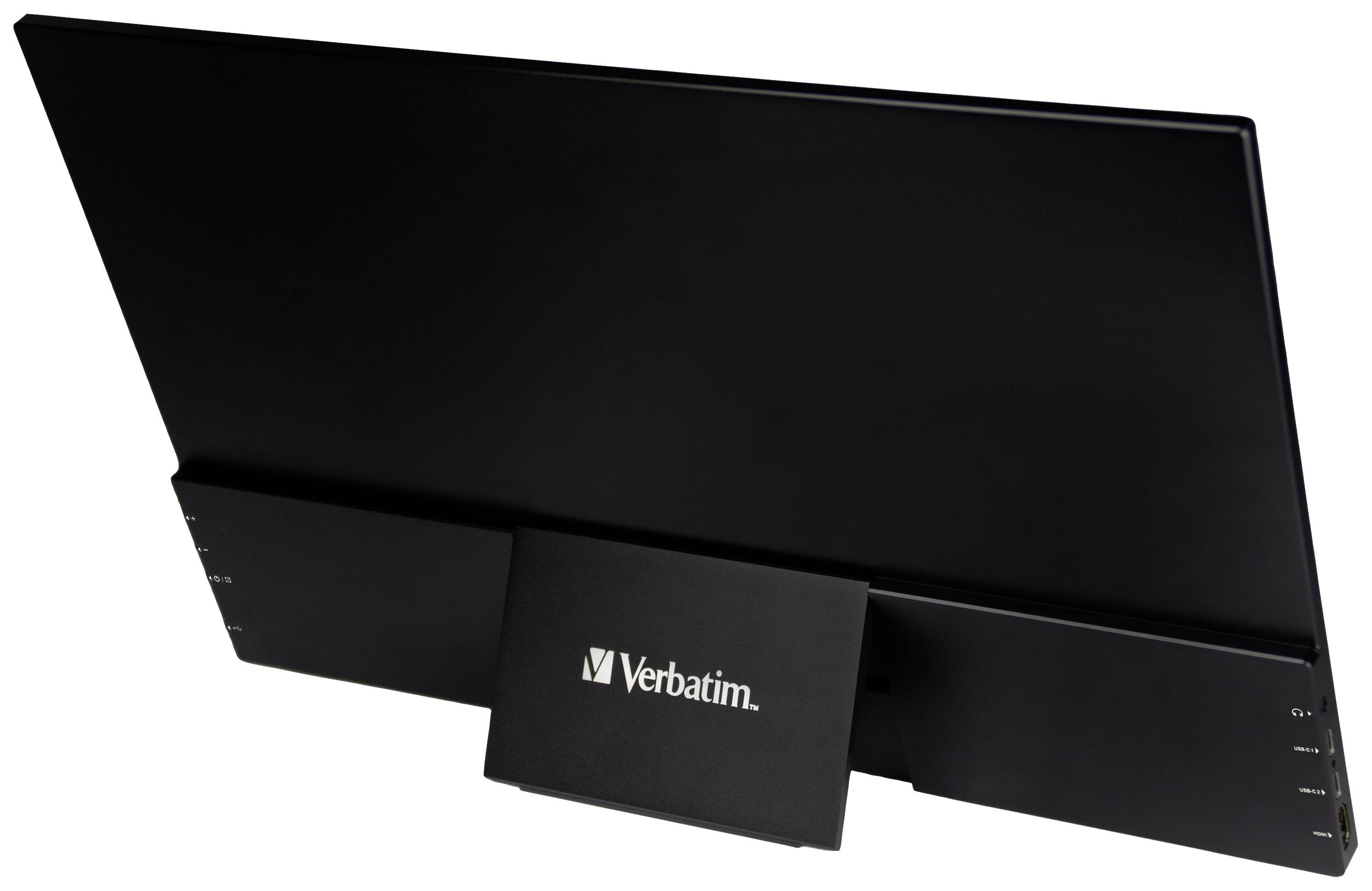 The Verbatim flat-screen display, viewed from the rear, shows the sleek design and logo on the central mounting unit.