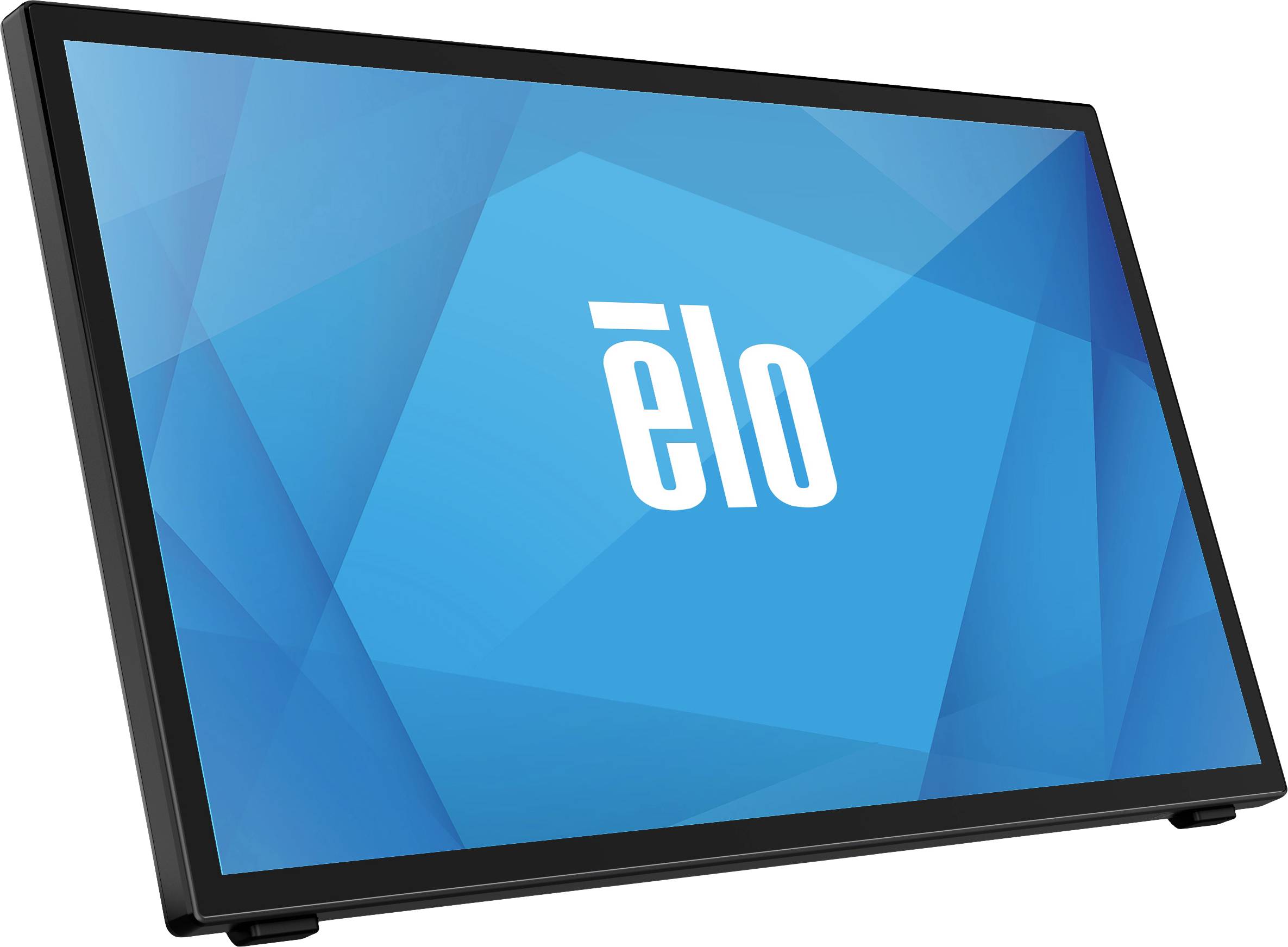 Flat screen with blue background graphic and white text 'elo' in the centre.