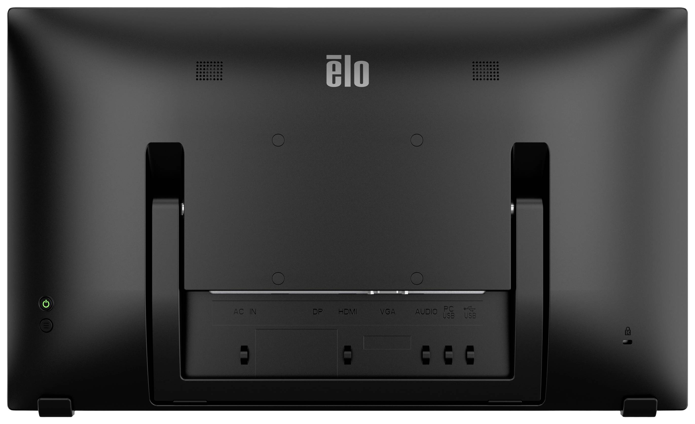 The rear of an Elo monitor displays the connections and mounting points.