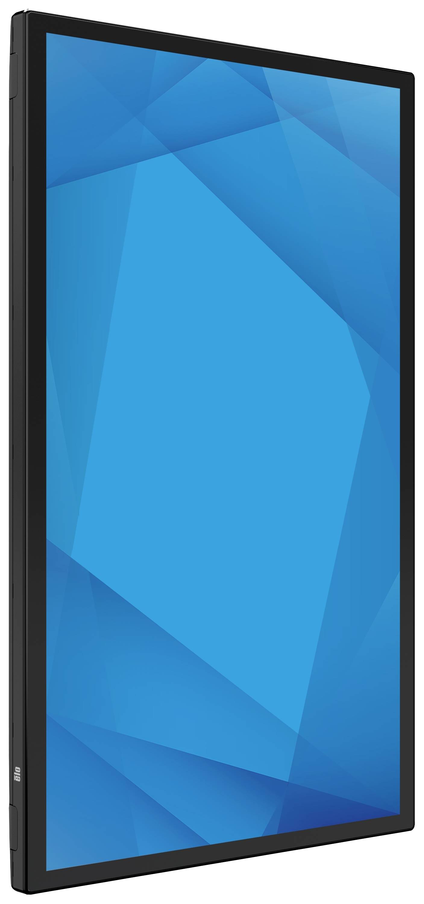 Flat, black screen with a blue geometric background, set up in portrait orientation.