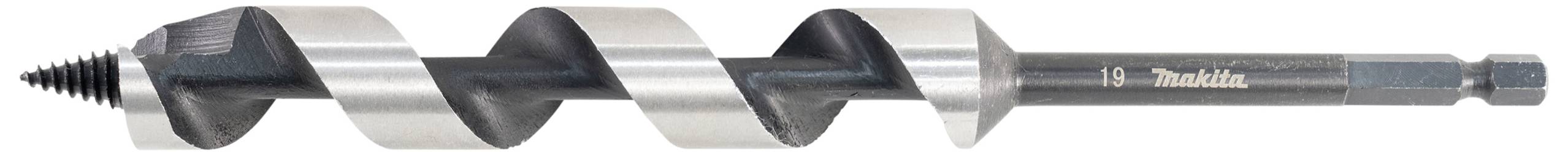 A wood drill bit with a large spiral pattern and a pointed tip is shown. The shaft has a hexagonal shank.