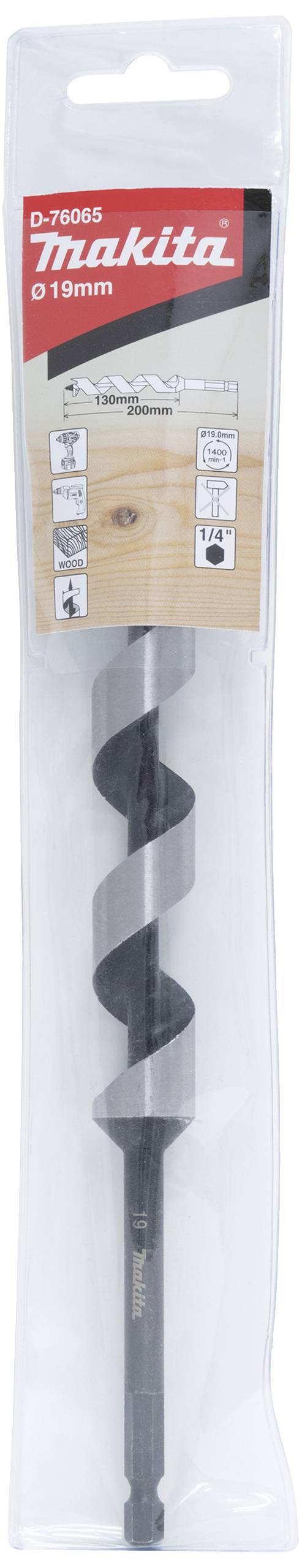 Packaging for a Makita wood drill bit, 15 mm diameter, suitable for drilling wood. Includes usage graphics.