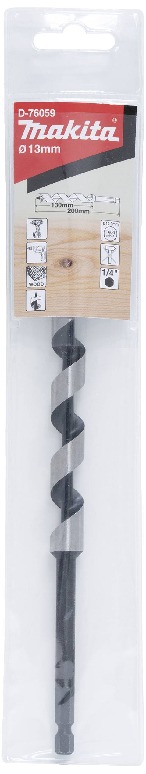 A Makita spiral drill packaging with a 13 mm drill bit for woodworking, in a blister pack.