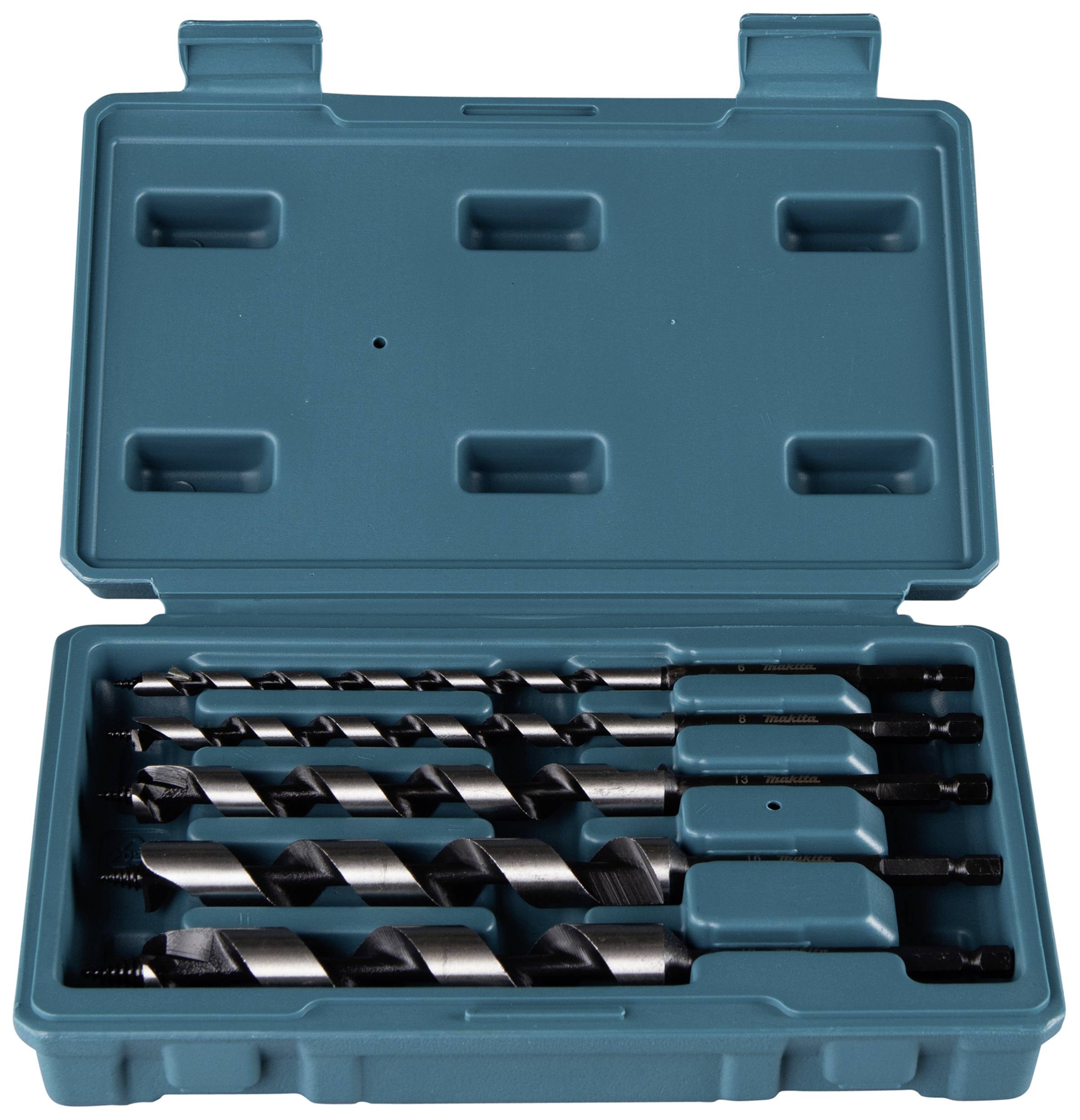 Blue plastic box with six metal drill bits in various sizes. Lid open, drill bits neatly inserted.