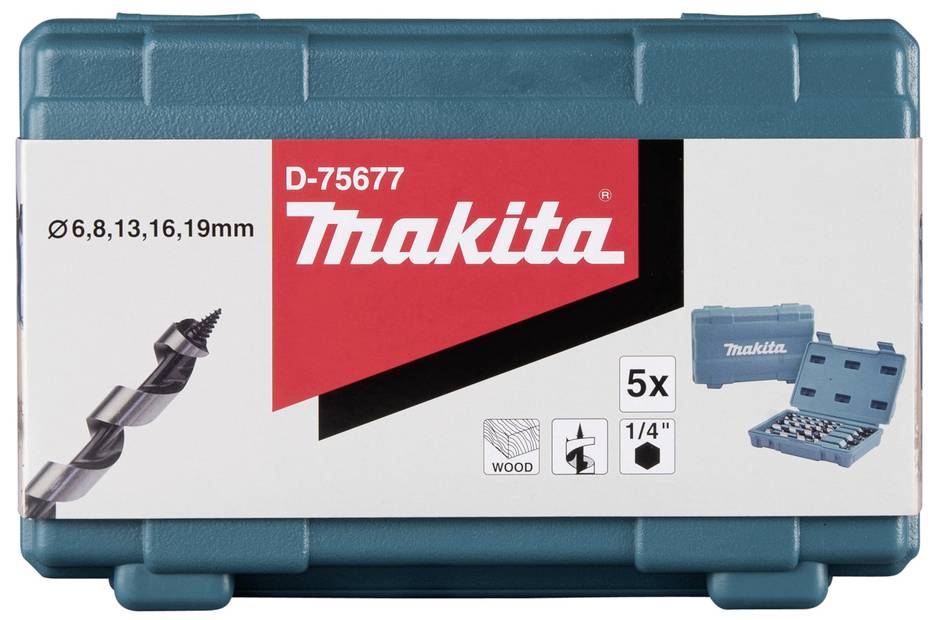 A Makita drill bit set with article number D-75677. It contains drill bits with diameters of 6, 8, 13, 16 and 19 mm, suitable for wood.