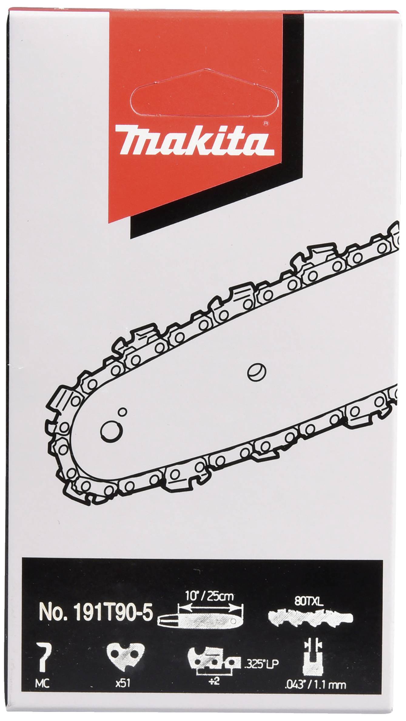 'Makita' packaging for a chainsaw chain, model number 191T90-5. Shows a drawing of the chain and technical specifications.