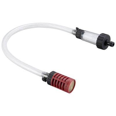 A transparent flexible tube with a red filter on the left and a black connector on the right.