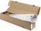 Opened brown cardboard box containing a rolled canvas or sheet, wrapped in clear plastic film.