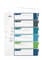 Dividers with coloured index tabs, labellable and customisable. Brand logo positioned top left, white background.