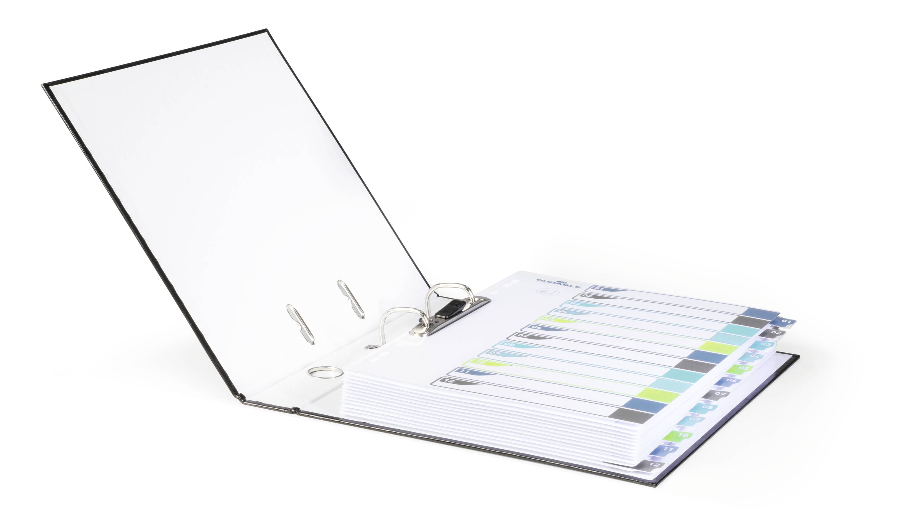 An open ring binder with two rings and divider tabs in different colours, used for organising documents.