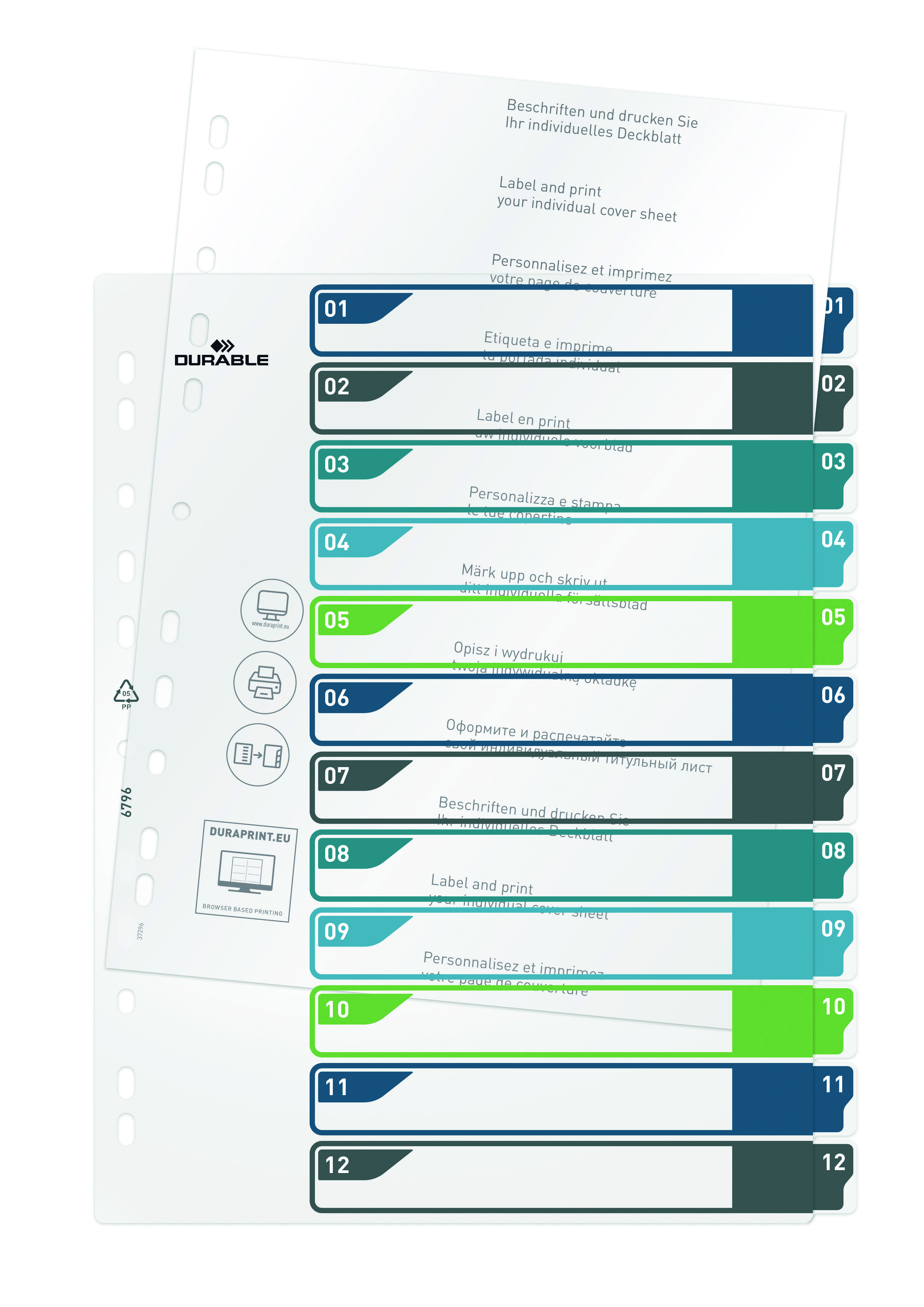 Register set with twelve labellable registers, illustrated by multilingual labels and colour variations for organisation.