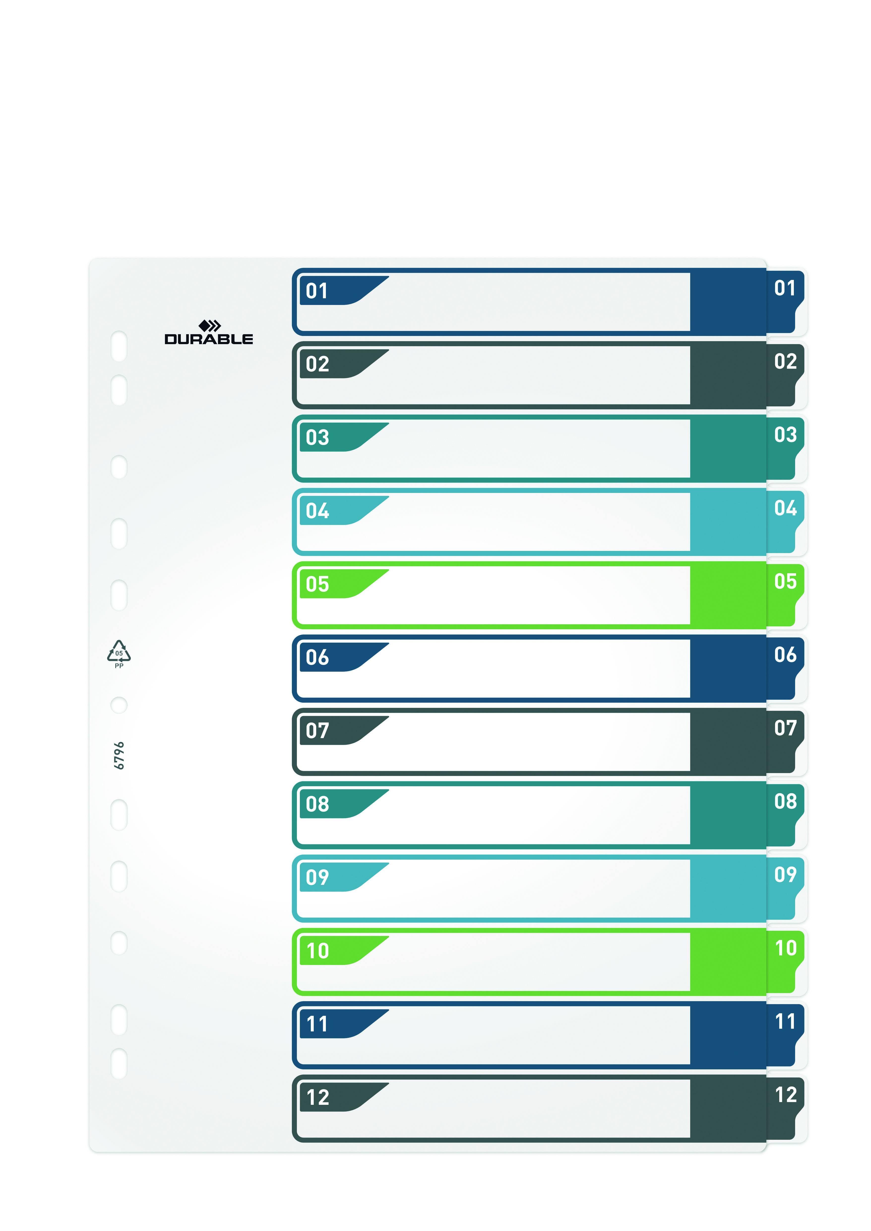 Divider file with twelve coloured tabs numbered 1 to 12, suitable for organising and structuring documents in a folder.