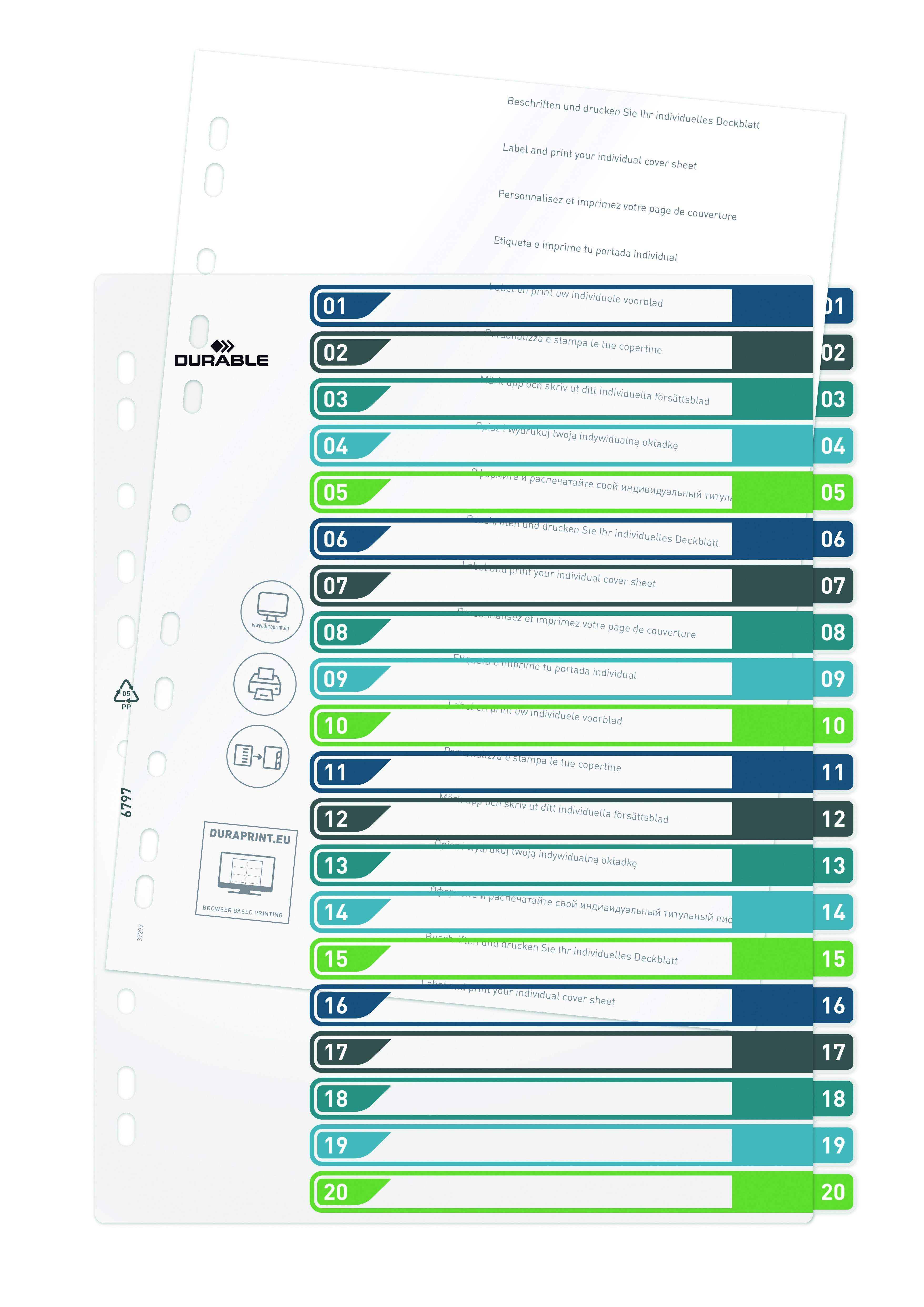 'Plastic index dividers with coloured tabs, numbered from 1 to 20, suitable for folders to provide clear filing and organisation.'