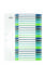 Colourful index tab with 20 sequentially numbered dividers, each featuring green and blue colour bars, on a white plastic surface.