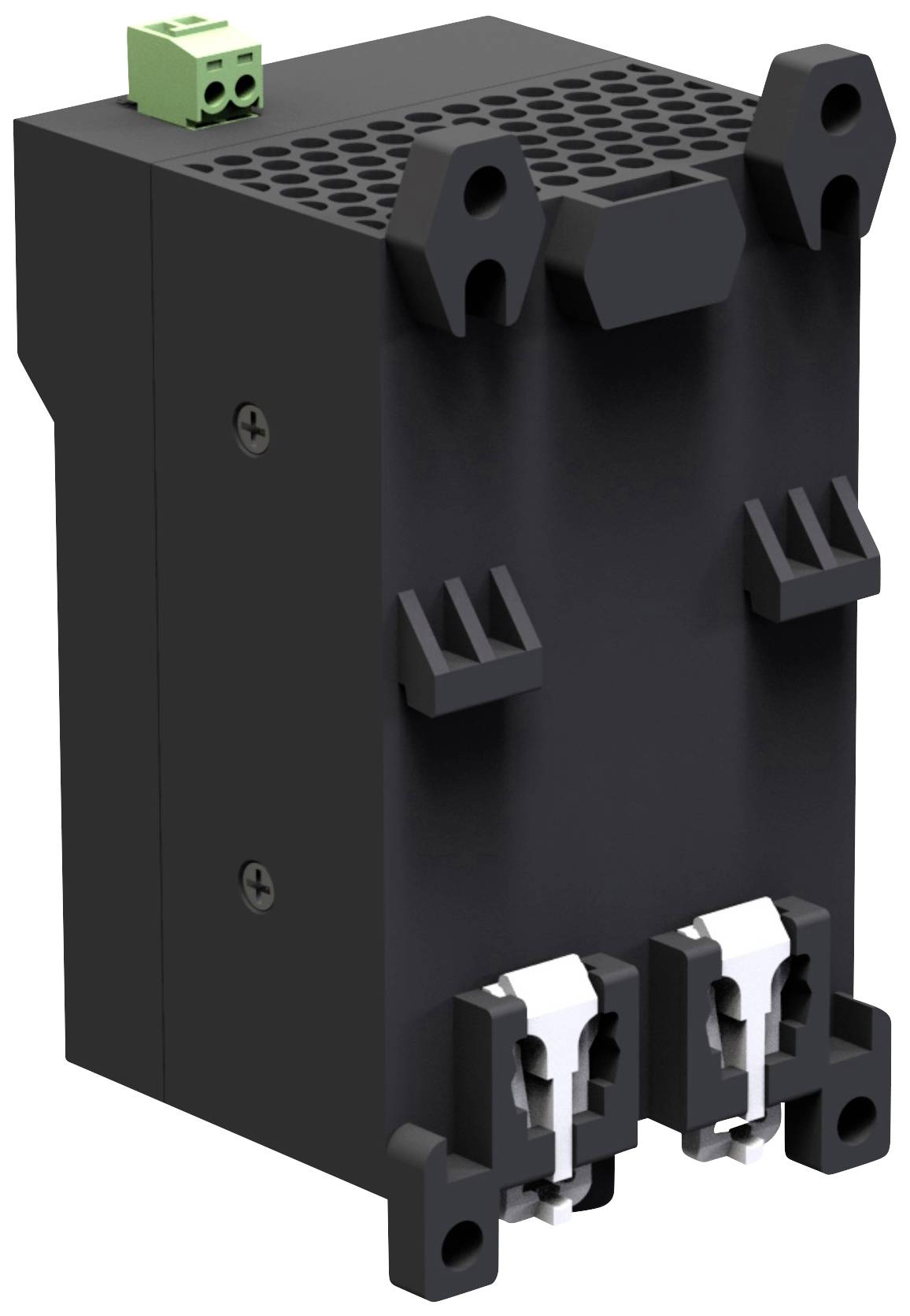 A black, rectangular electrical adapter or converter with multiple ports, including a green screw terminal on top.
