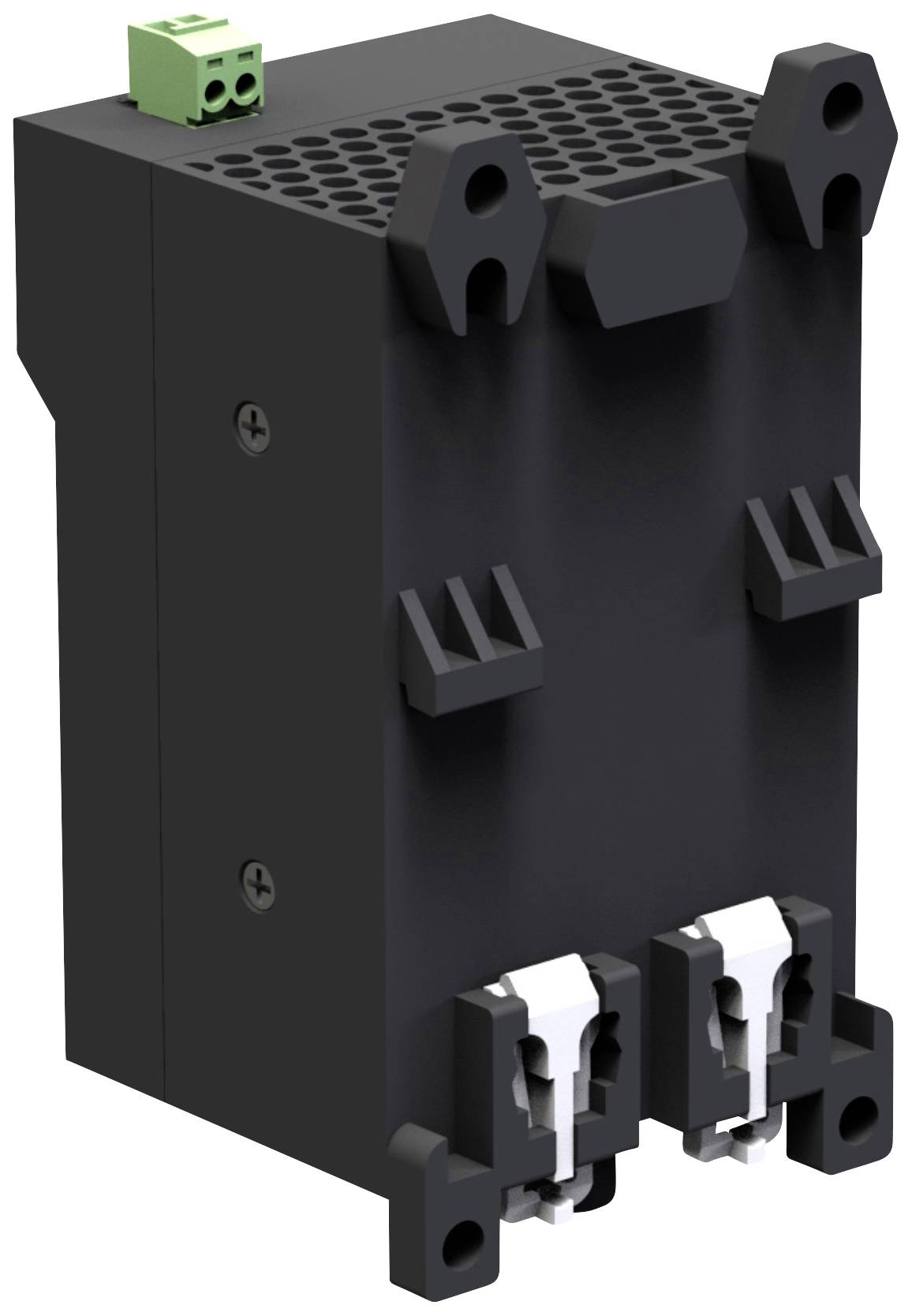 Black electronic device with ventilation slots at the top and connections at the bottom, suitable for use in electrical control cabinets.