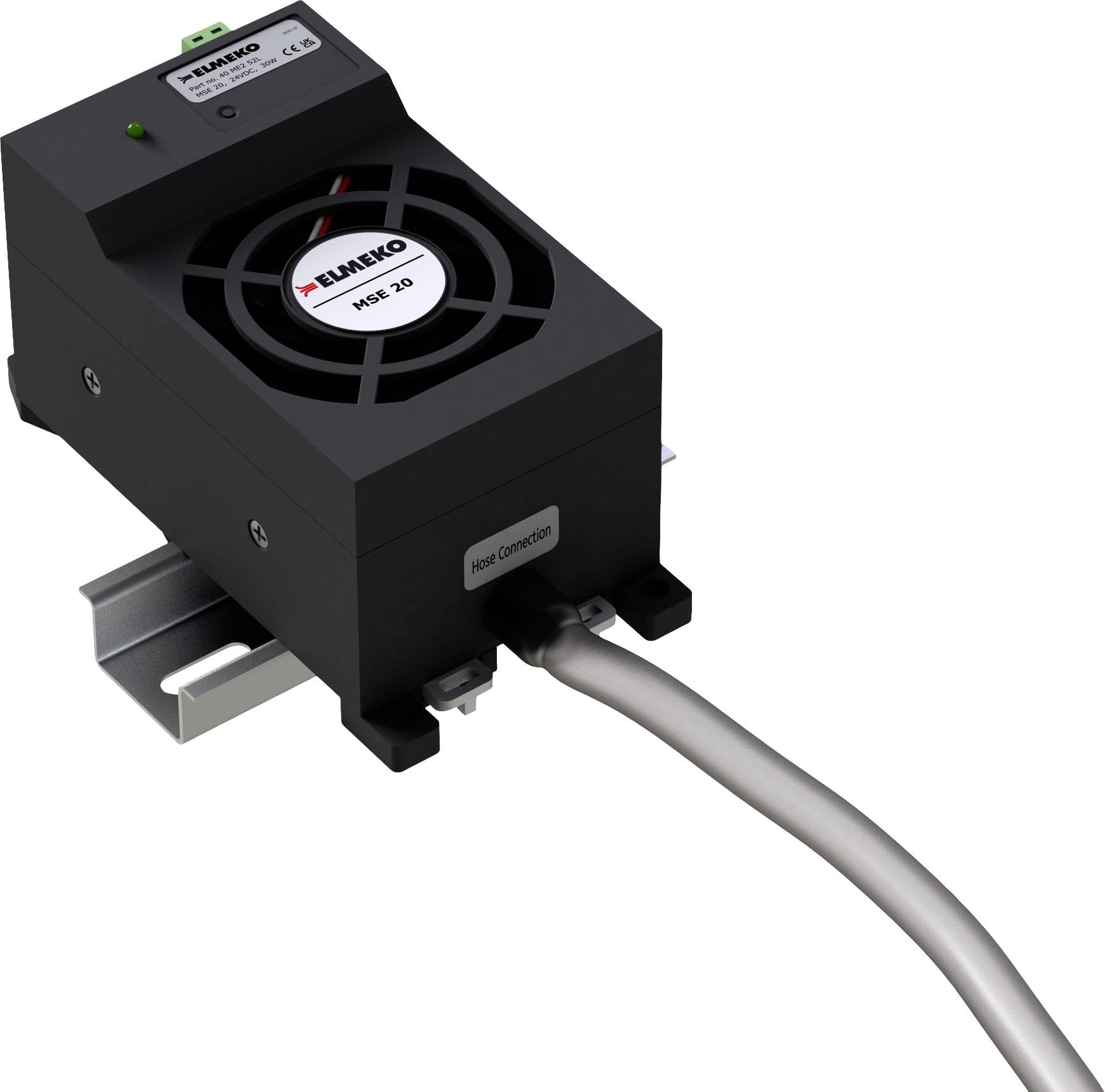 A black electronic device with a small fan, mounted on a metal rail, connected by a cable.
