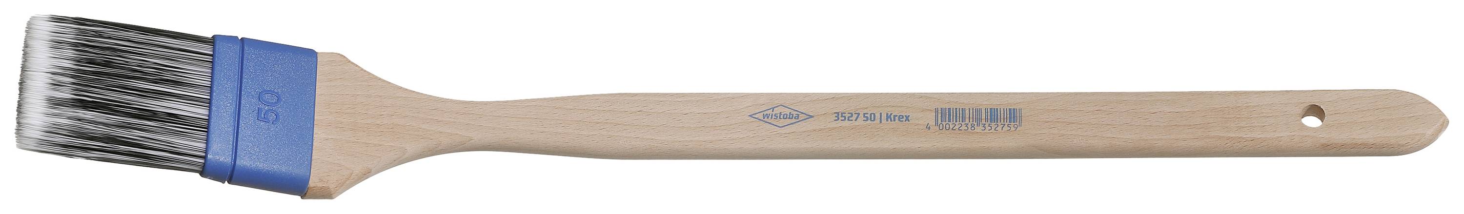 Flat paintbrush with wooden handle and blue metal ferrule, bristles in black and white. Suitable for painting work.