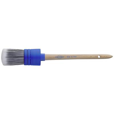 Paintbrush with a round, blue plastic handle and wooden shaft, suitable for painting or brushing. The brush has dense, white bristles.