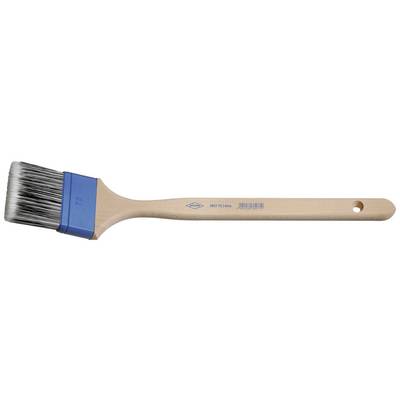 A painter's brush with blue bristles and a wooden handle.
