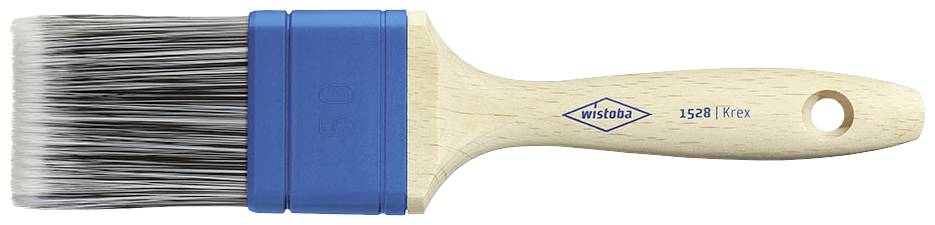 A broad paintbrush with a blue metal ring and wooden handle, suitable for painting work.