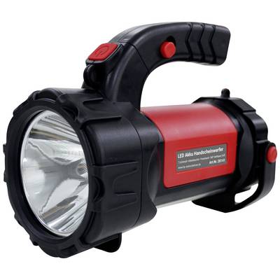 A portable red and black torch with a handle and large LED lens, suitable for use during power cuts or outdoors.