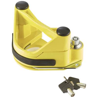 Yellow disc lock with black accents and two keys. Security lock for motorcycles.