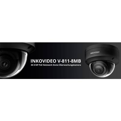 INKOVIDEO surveillance camera, Model V-811-8MB, 4K 8 MP PoE Network Dome. Left: Camera view; right: illuminated lens.