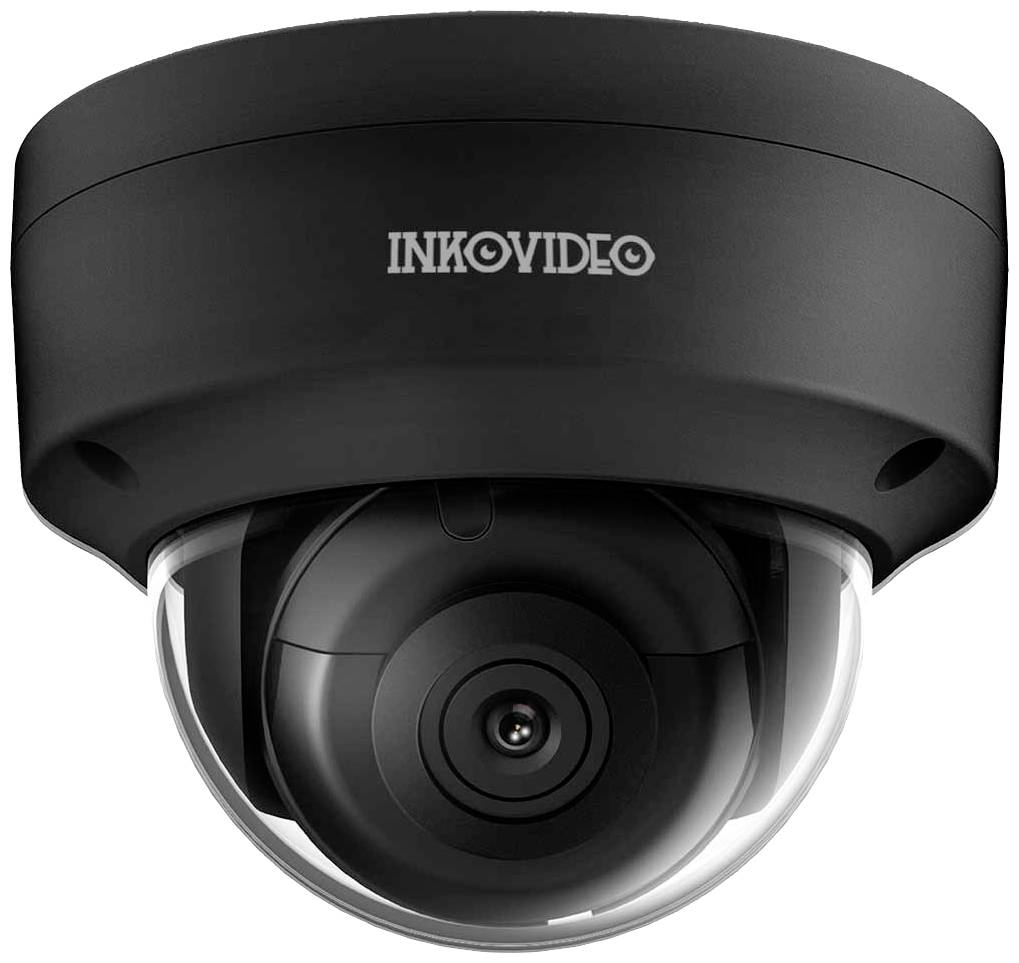 Black surveillance camera with a transparent dome, bearing the inscription 'Inkovideo'.